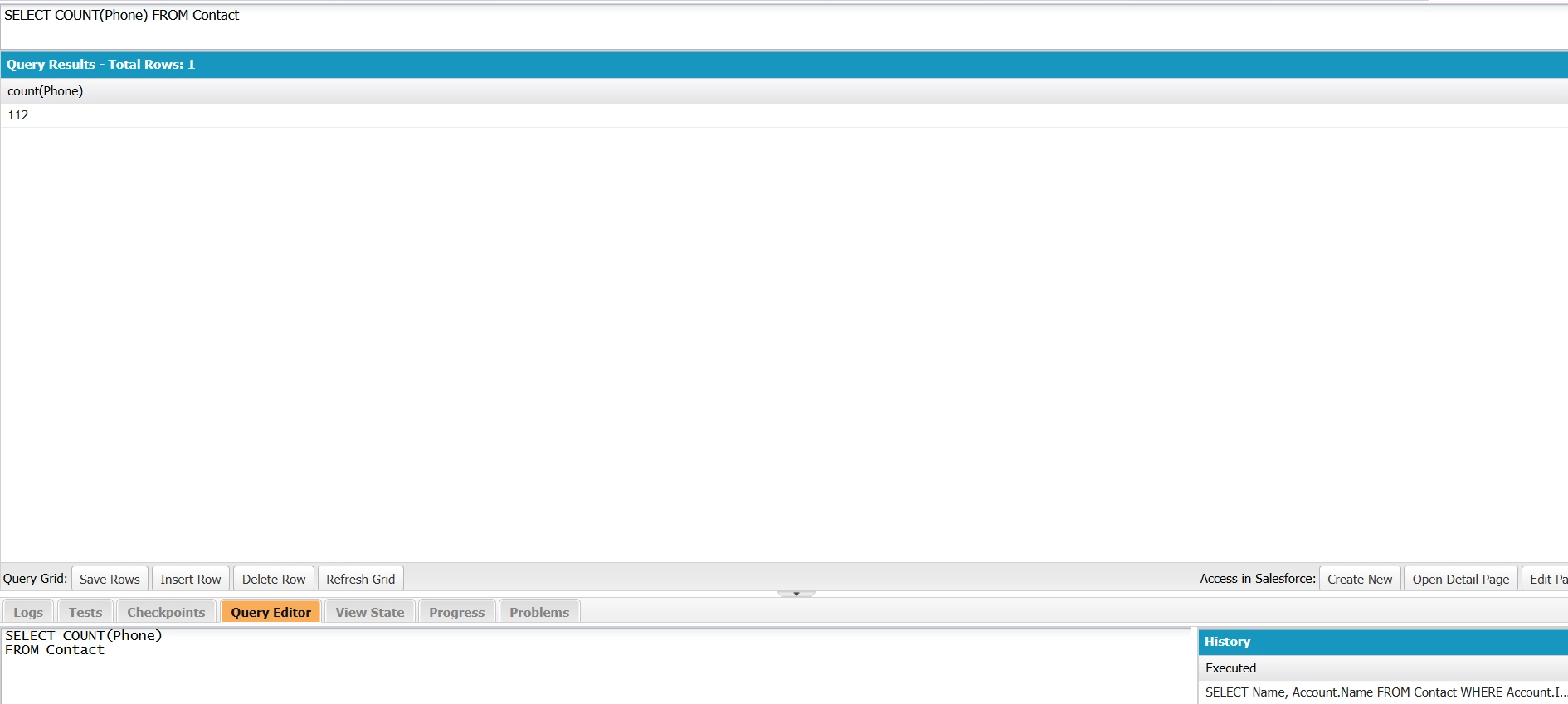 Developer Console running SELECT COUNT(Phone) FROM Contact, showing 112 contacts with a phone number filled in.