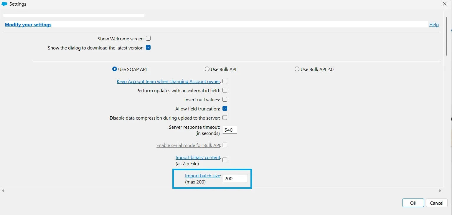 Data Loader Settings window with Use SOAP API selected and Import batch size highlighted at the maximum of 200 records.