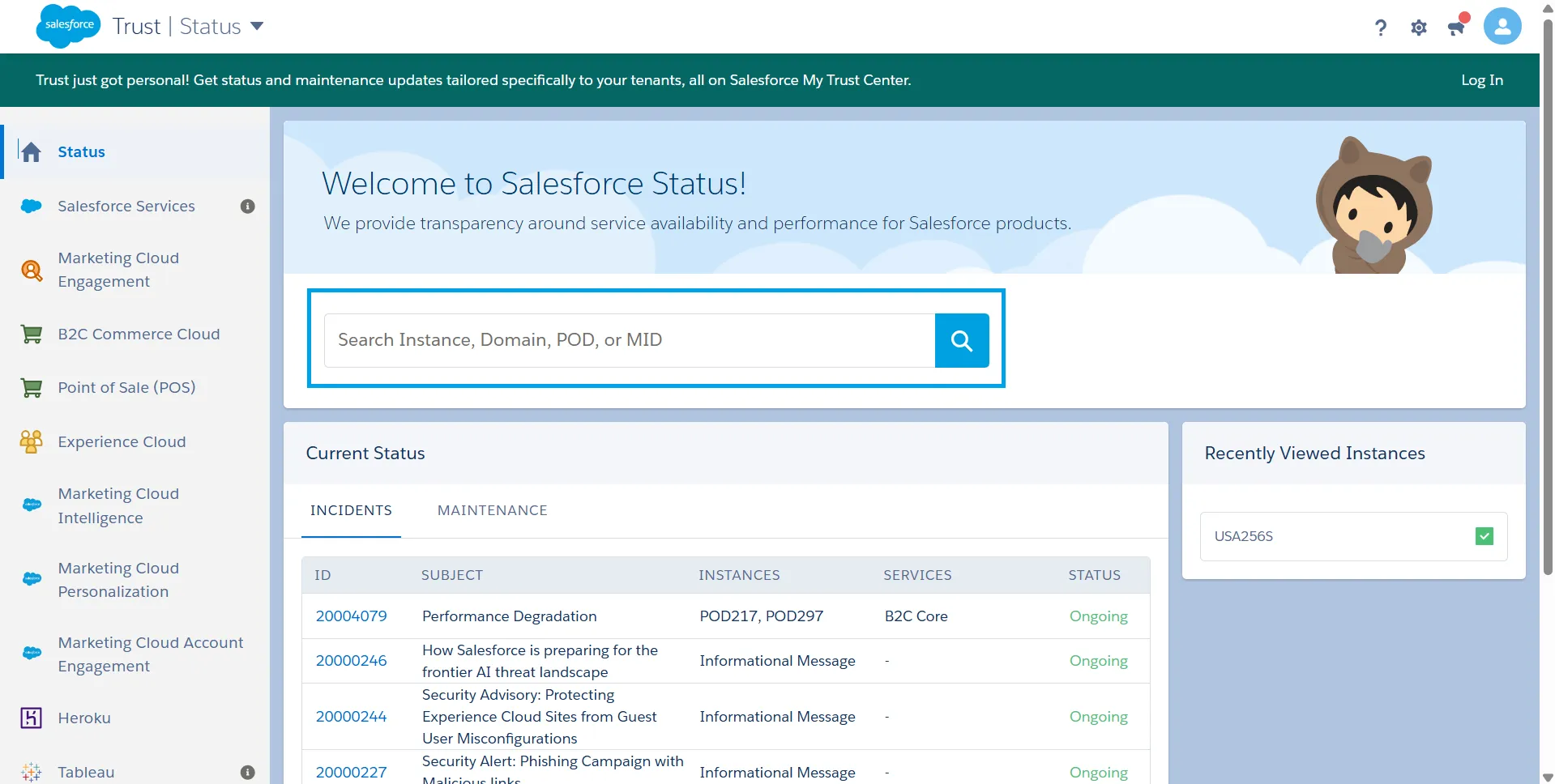 Salesforce Trust Status page where users search their instance to find the Summer '26 release date.