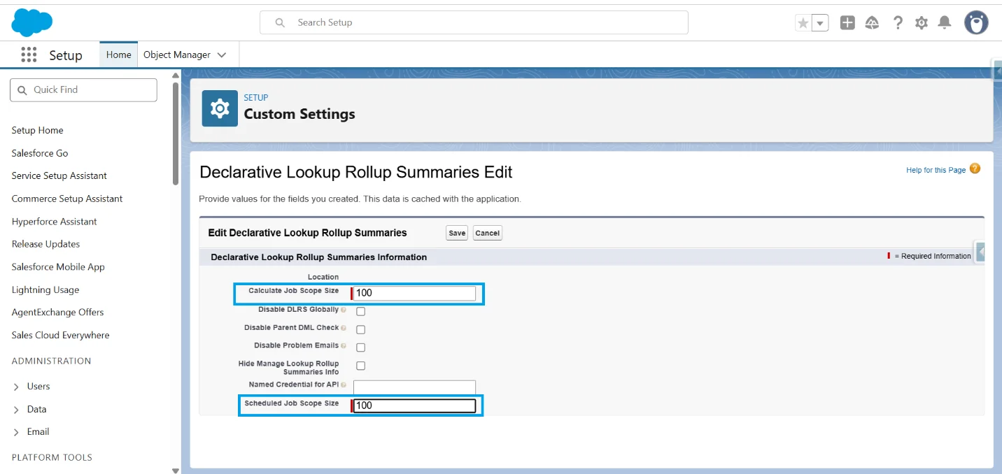 DLRS Edit page in Salesforce showing Calculate Job Scope Size and Scheduled Job Scope Size fields, both set to 100.