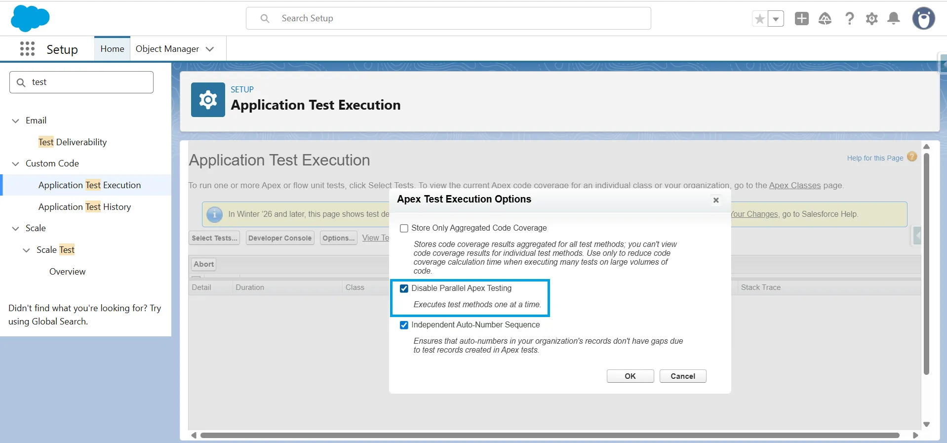 Apex Test Execution Options dialog in Salesforce Setup with the Disable Parallel Apex Testing checkbox highlighted.