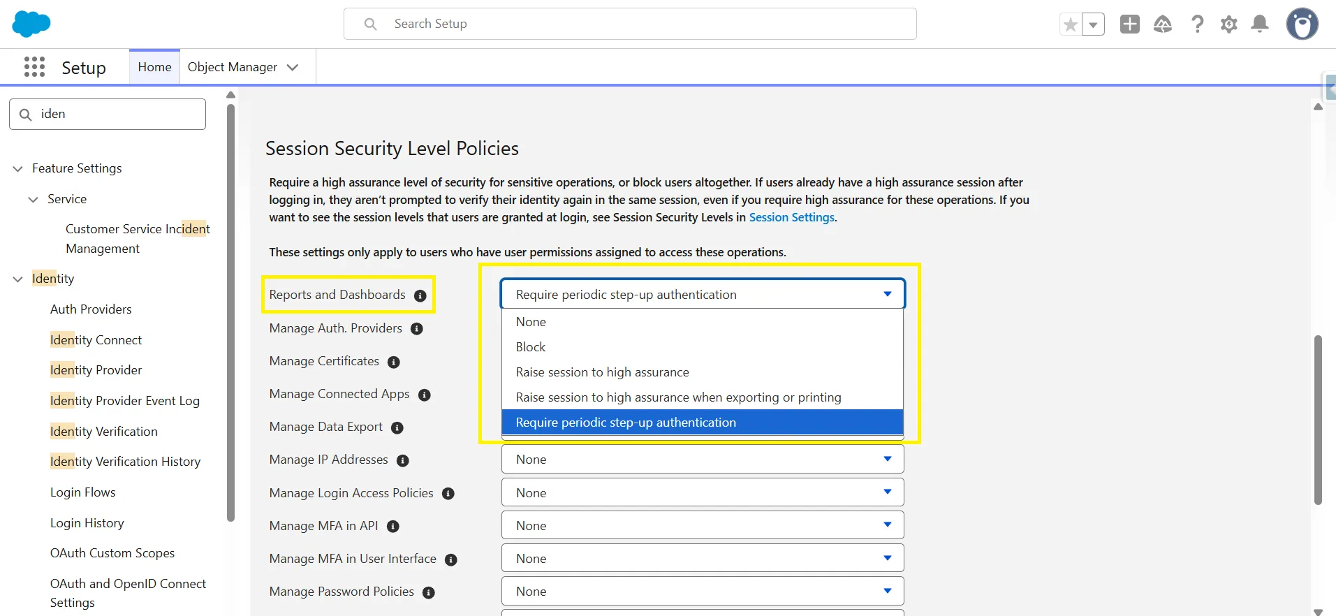 Salesforce Session Security Level Policies with Reports and Dashboards set to require periodic step-up authentication.