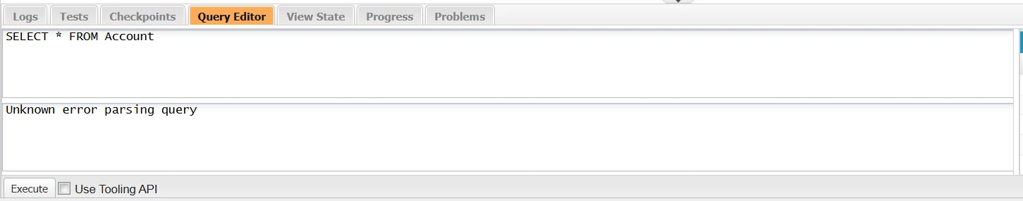 Salesforce Developer Console Query Editor showing SELECT * FROM Account returning an "Unknown error parsing query".