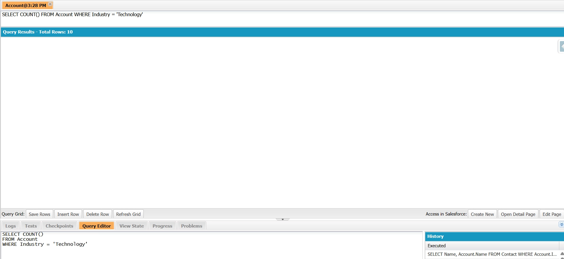 Salesforce Developer Console running SELECT COUNT() FROM Account, returning a total row count of 10.