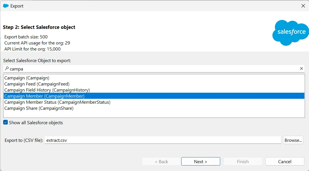 Salesforce Data Loader Export window with Campaign Member object selected and Show all Salesforce objects enabled.