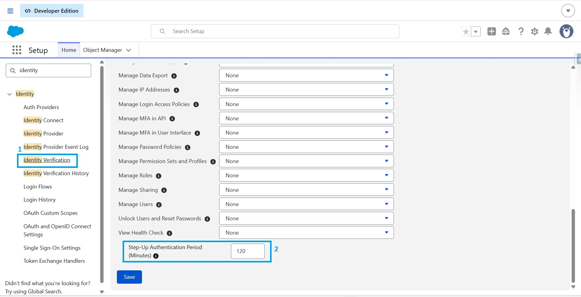 Salesforce Identity Verification with the Step-Up Authentication Period set to 120 minutes.