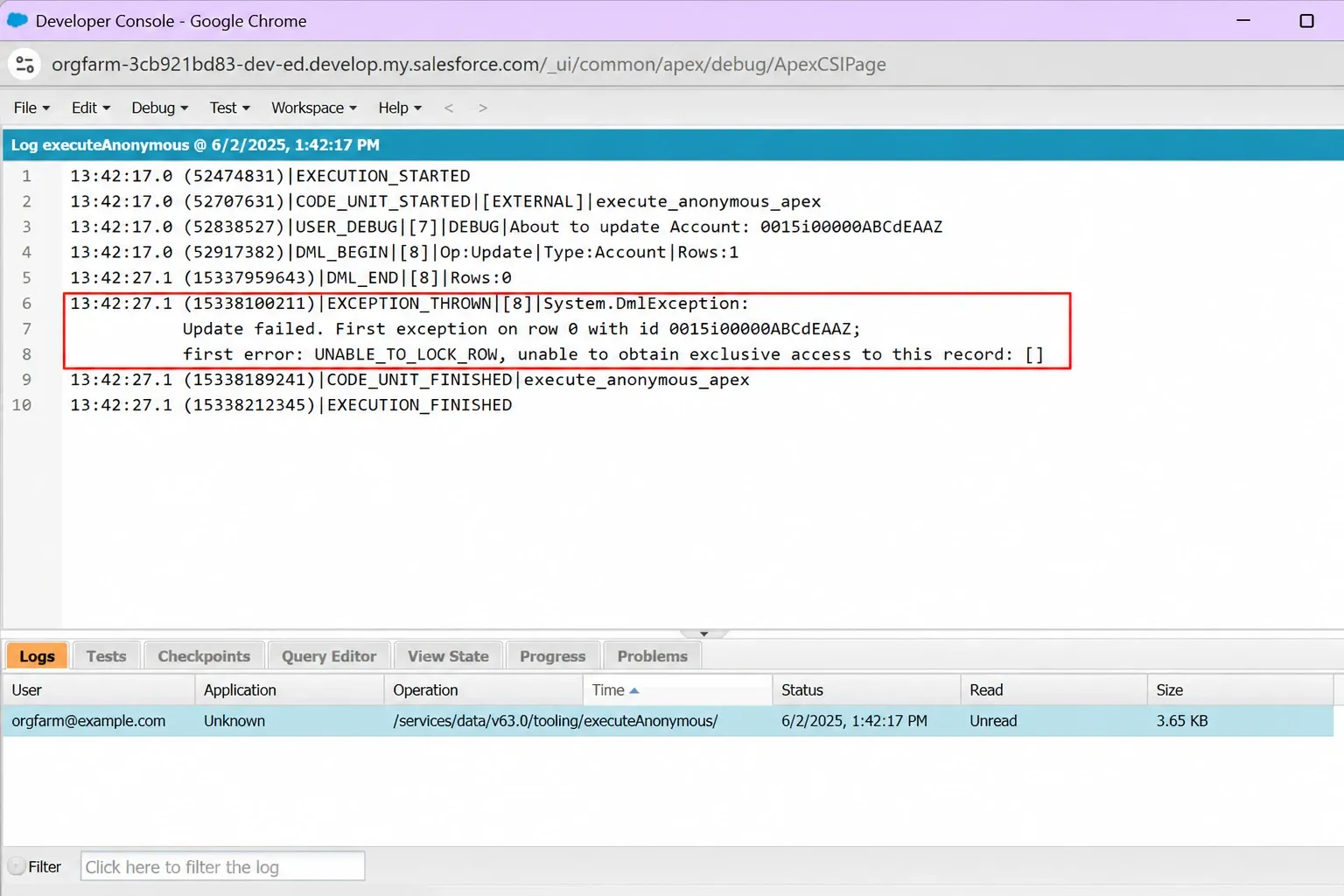 Salesforce Developer Console showing the UNABLE_TO_LOCK_ROW error in a debug log with the exception highlighted.