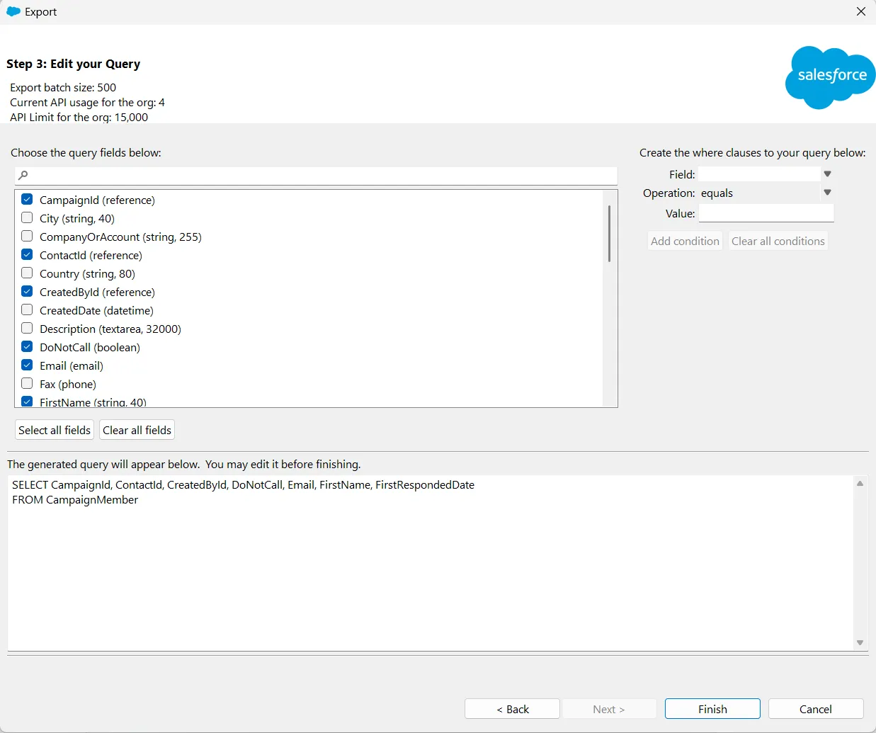 Data Loader Edit Query step with CampaignMember fields selected and the generated SOQL query shown at the bottom.