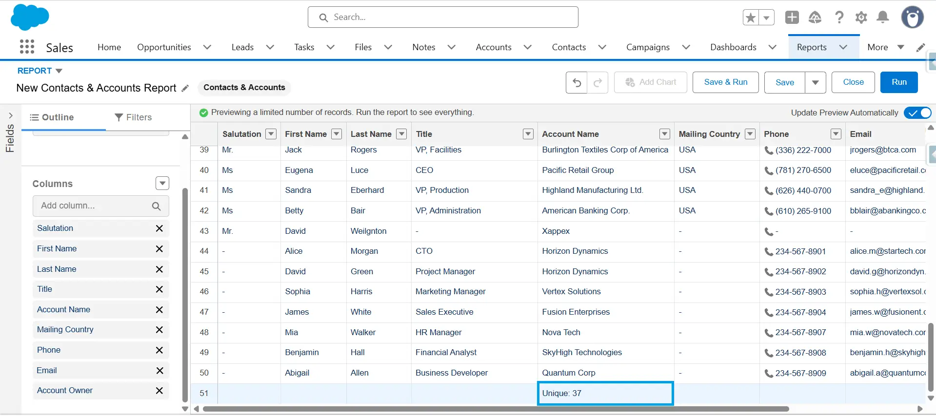 Salesforce report builder showing "Accounts with Contacts" report with Unique Count of 37 at the bottom of Account Name column.