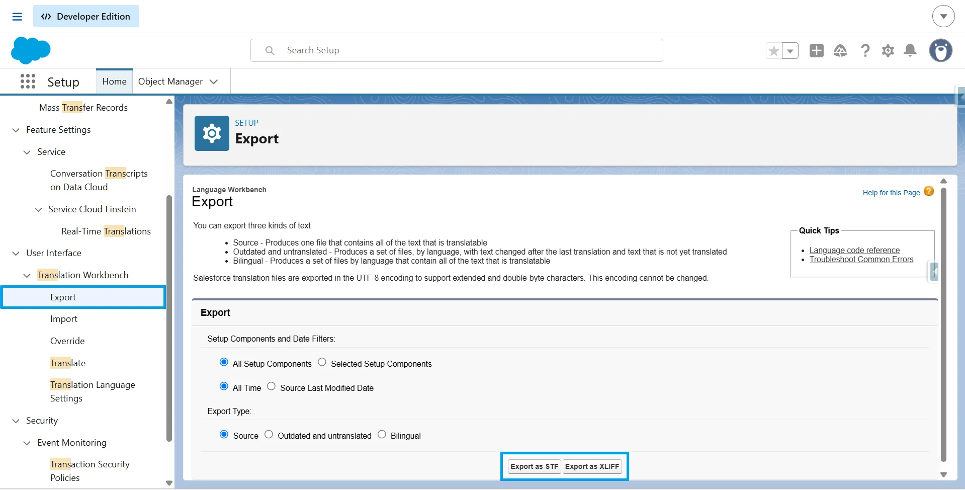 Export page in Translation Workbench with Export as STF and Export as XLIFF buttons highlighted after setting export type and filters.