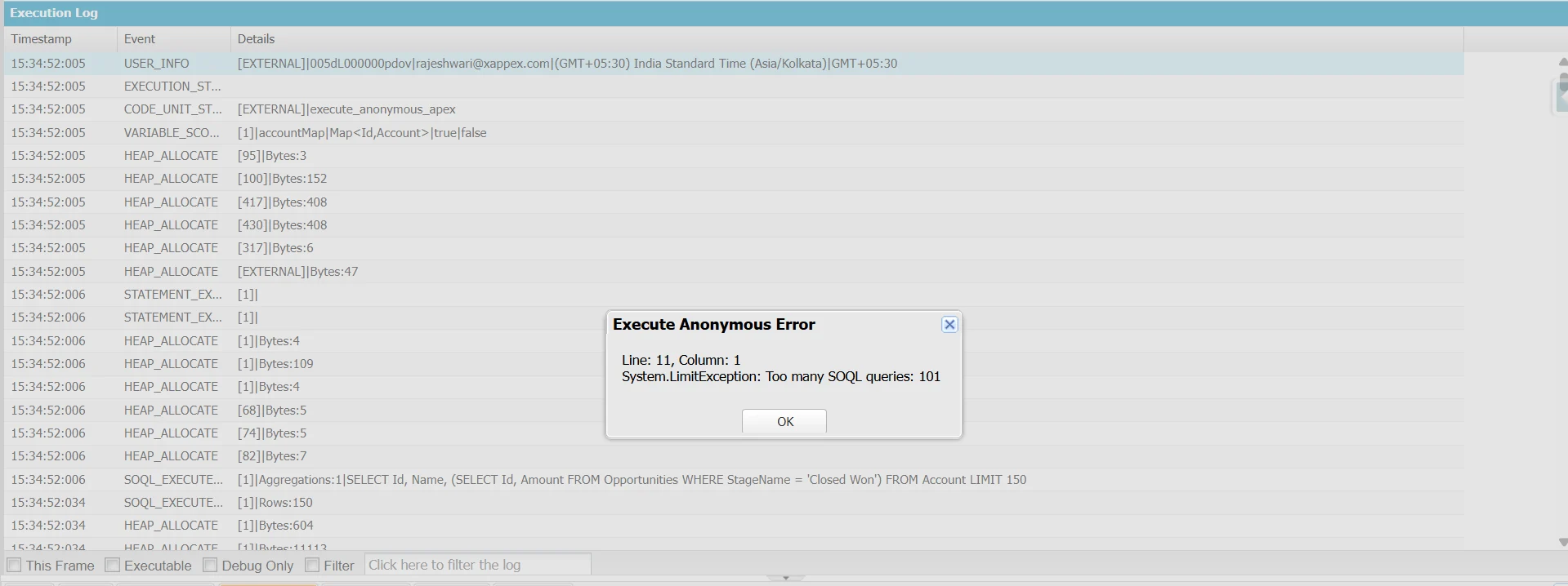 Developer Console Execution Log with Execute Anonymous Error popup showing System.LimitException: Too many SOQL queries: 101.