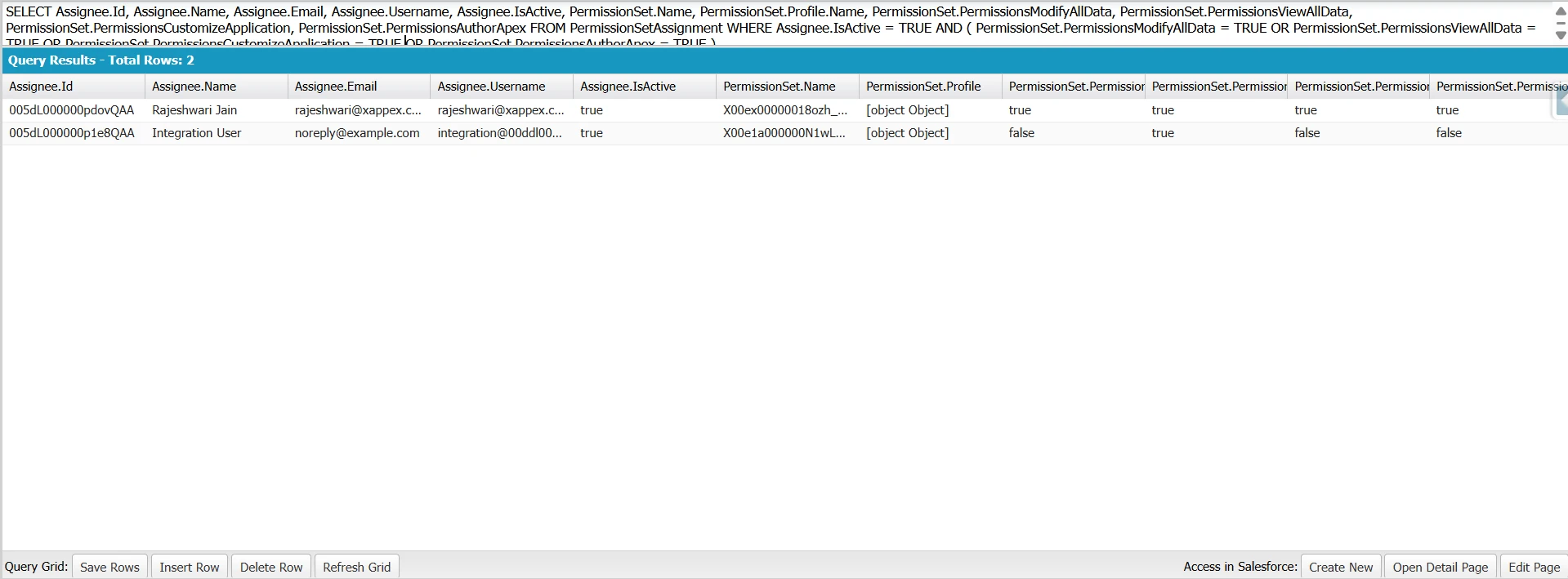 SOQL query results listing privileged Salesforce users and their Modify All Data and View All Data permissions.