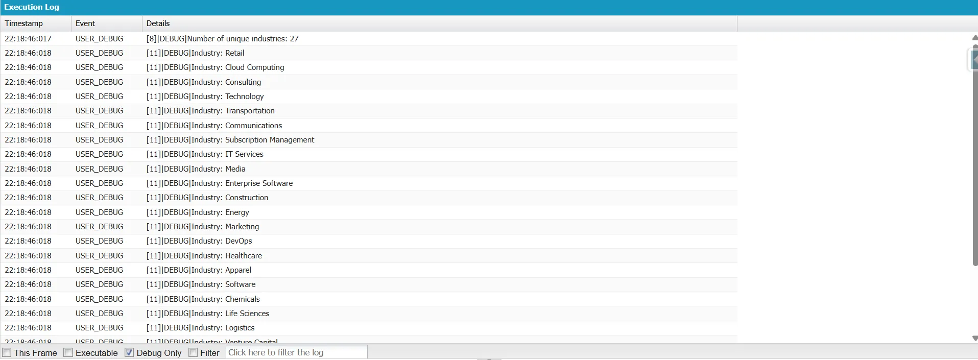 Apex debug log showing USER_DEBUG output with 27 unique industries listed after processing AggregateResult in a for loop.