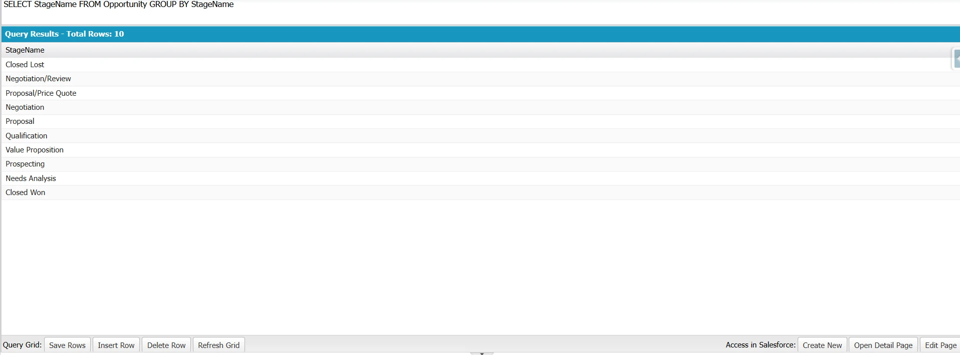 Developer Console showing SELECT StageName FROM Opportunity GROUP BY StageName query returning 10 unique Opportunity stages.