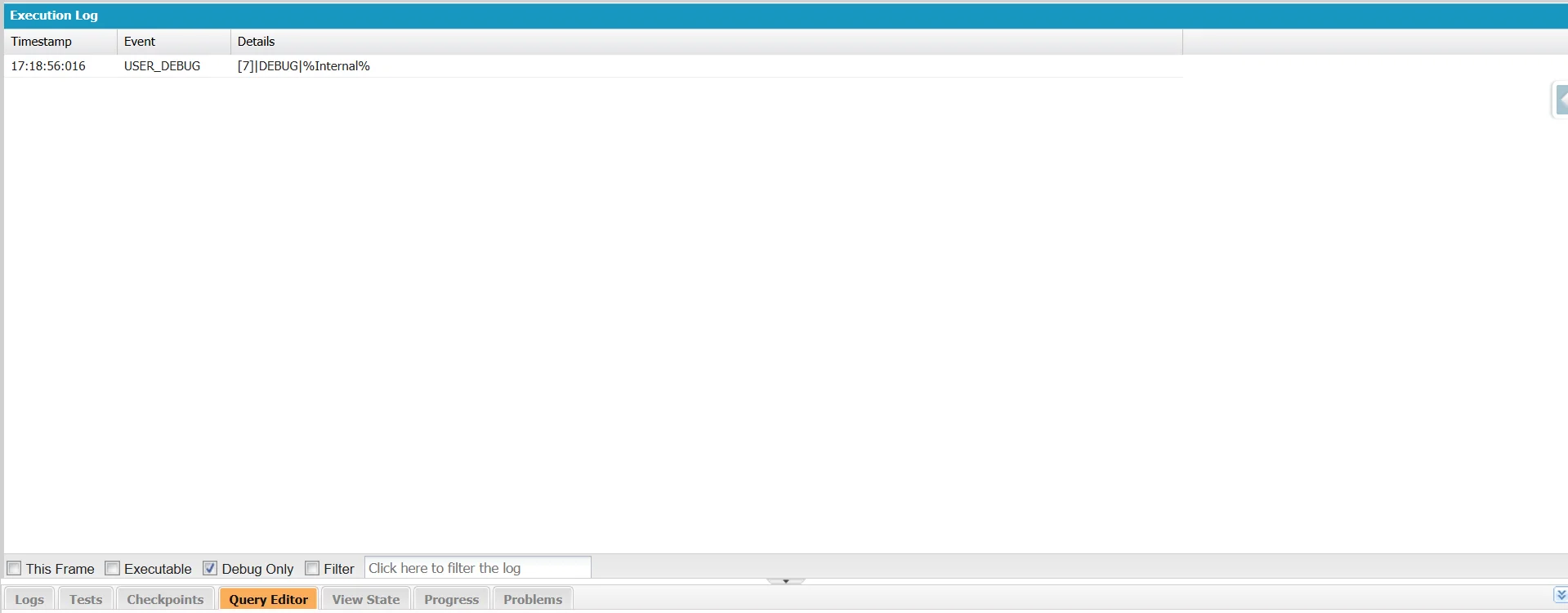 Developer Console Execution Log with a USER_DEBUG entry outputting the value %Internal% from the bind variable.