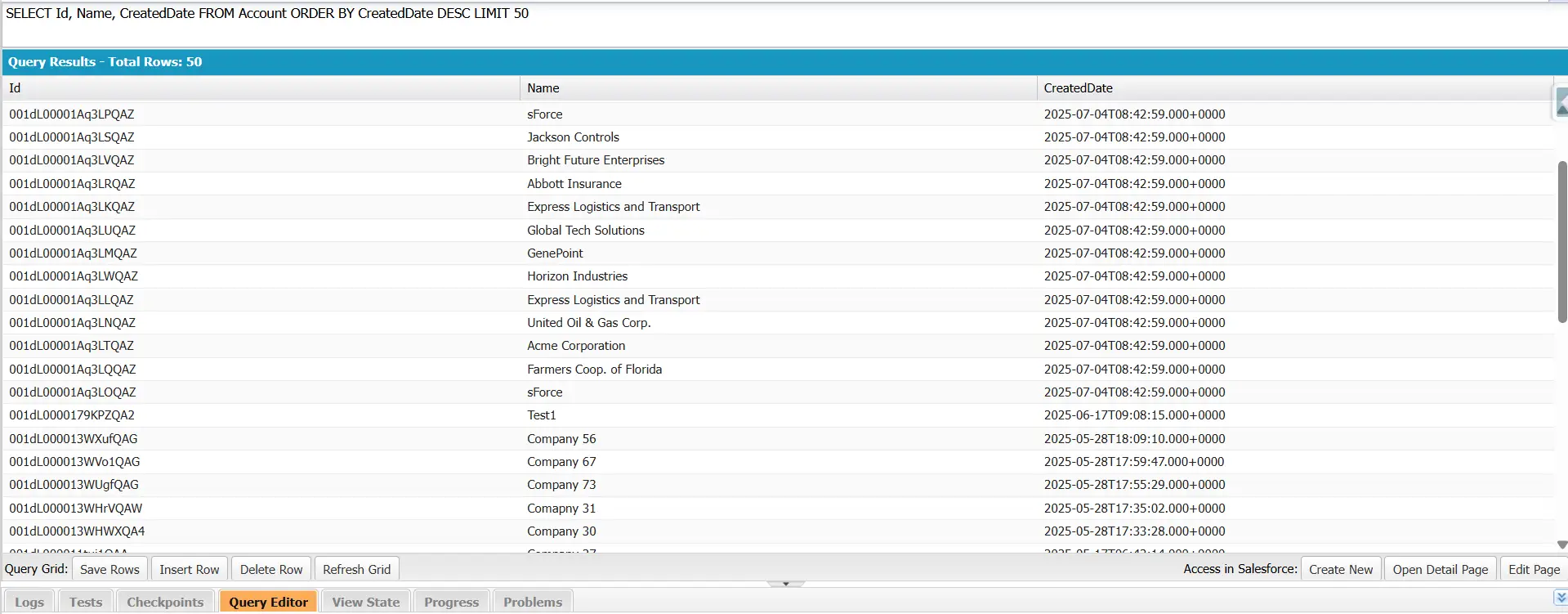 Developer Console showing Account query with ORDER BY CreatedDate DESC LIMIT 50, returning the 50 most recent records.