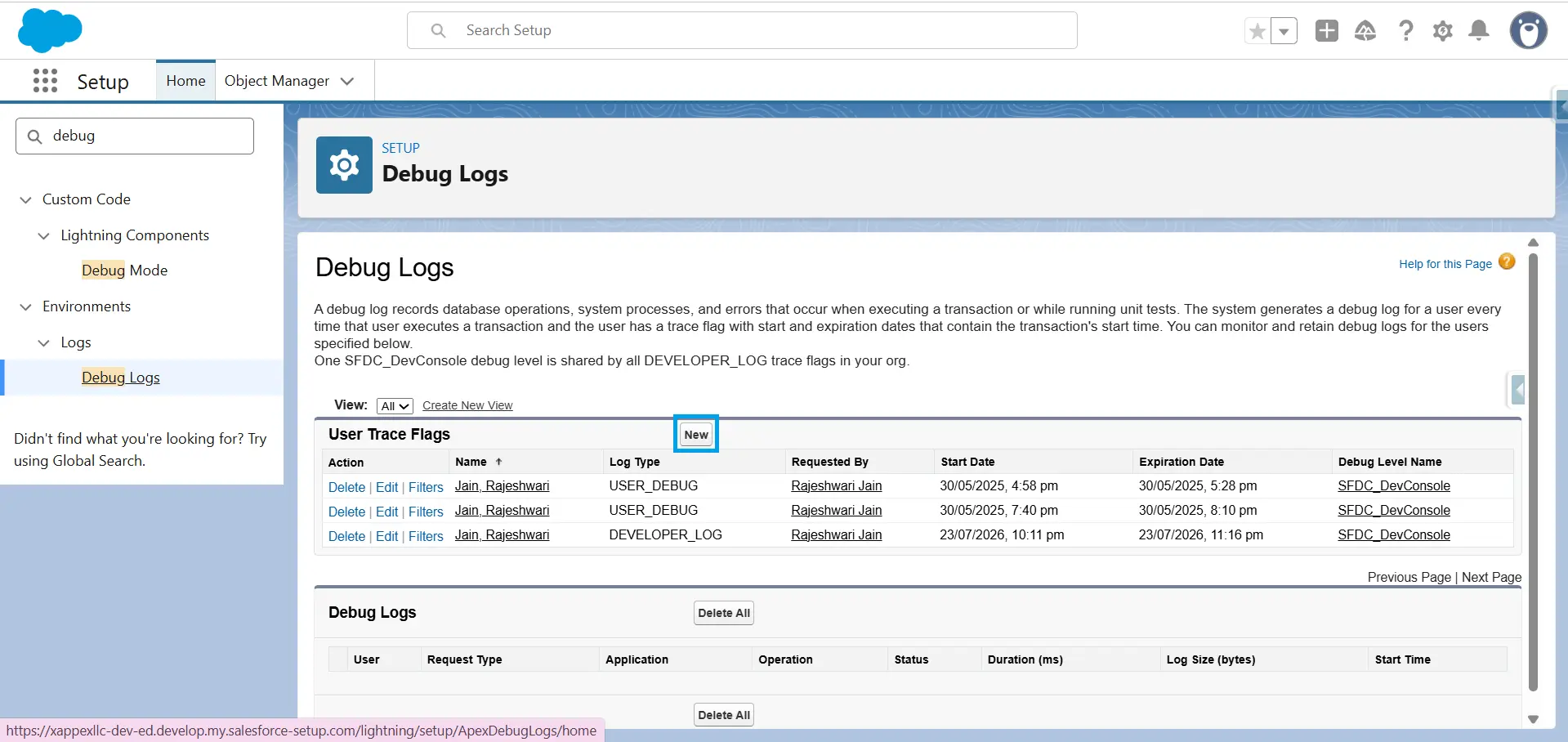 Salesforce Setup Debug Logs page showing User Trace Flags list with the New button highlighted to create a new debug log.