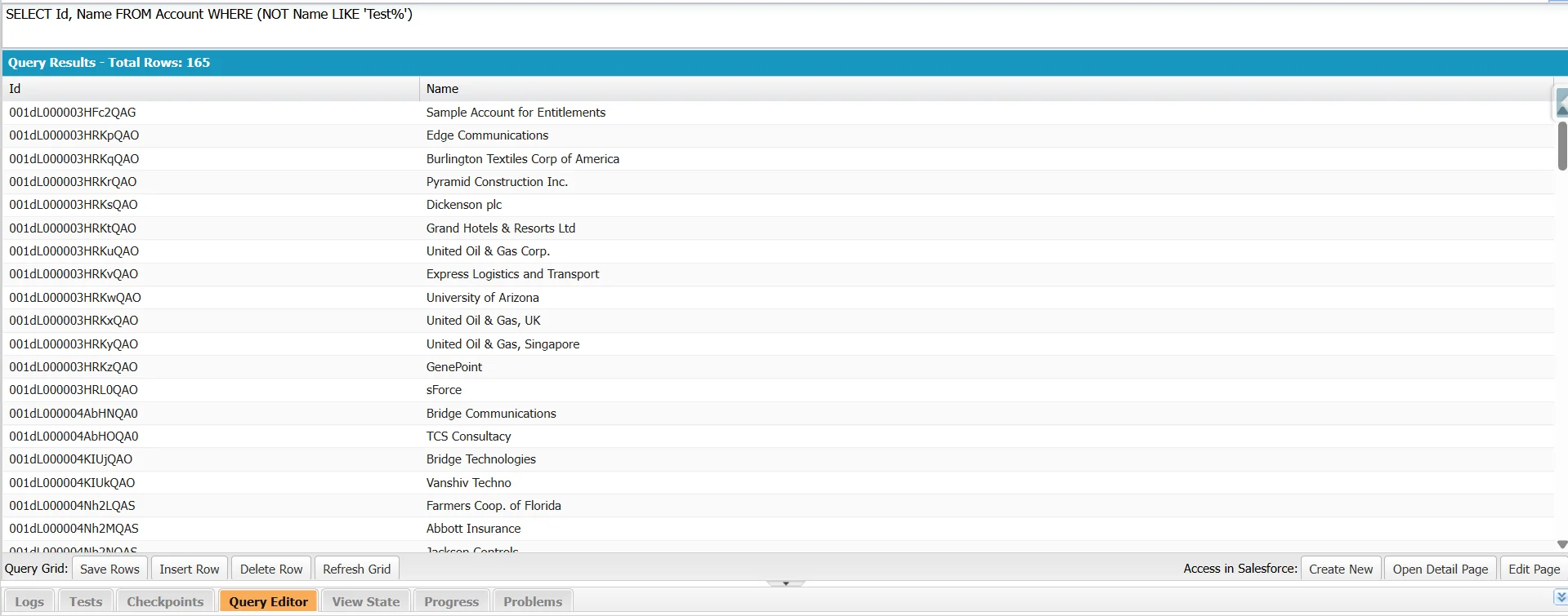 Developer Console Query Editor running a SOQL query with (NOT Name LIKE 'Test%'), returning 165 Account records with Id and Name columns, none starting with "Test".