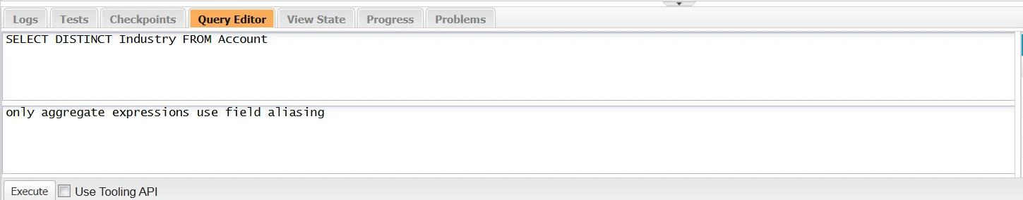 Developer Console Query Editor showing SELECT DISTINCT Industry FROM Account query returning an "only aggregate expressions use field aliasing" error.