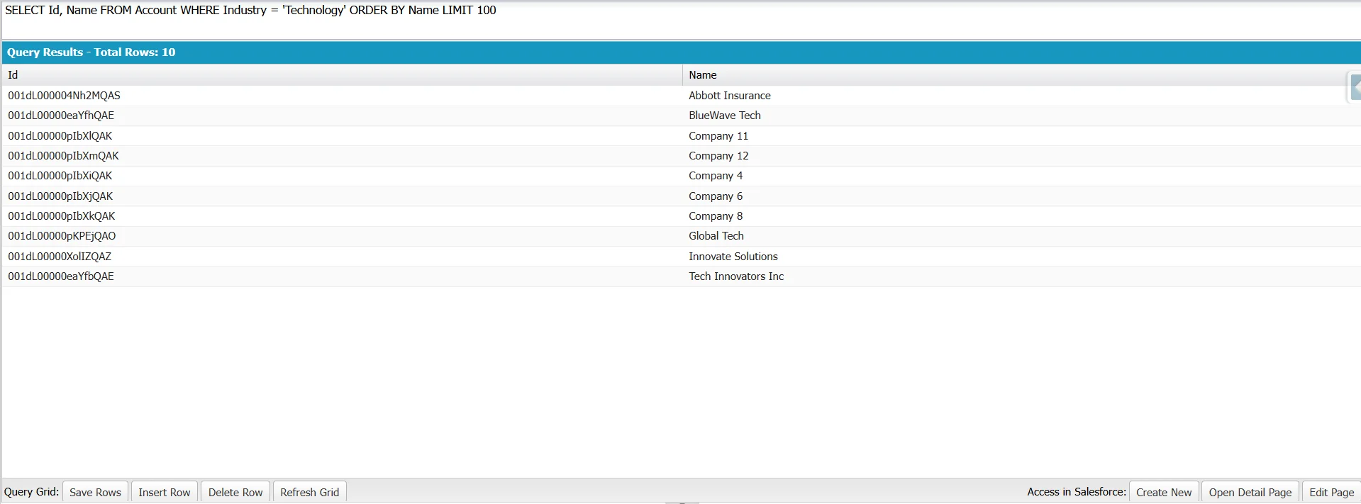 Developer Console showing Account query filtered by Industry, sorted by Name with LIMIT 100, returning 10 records.