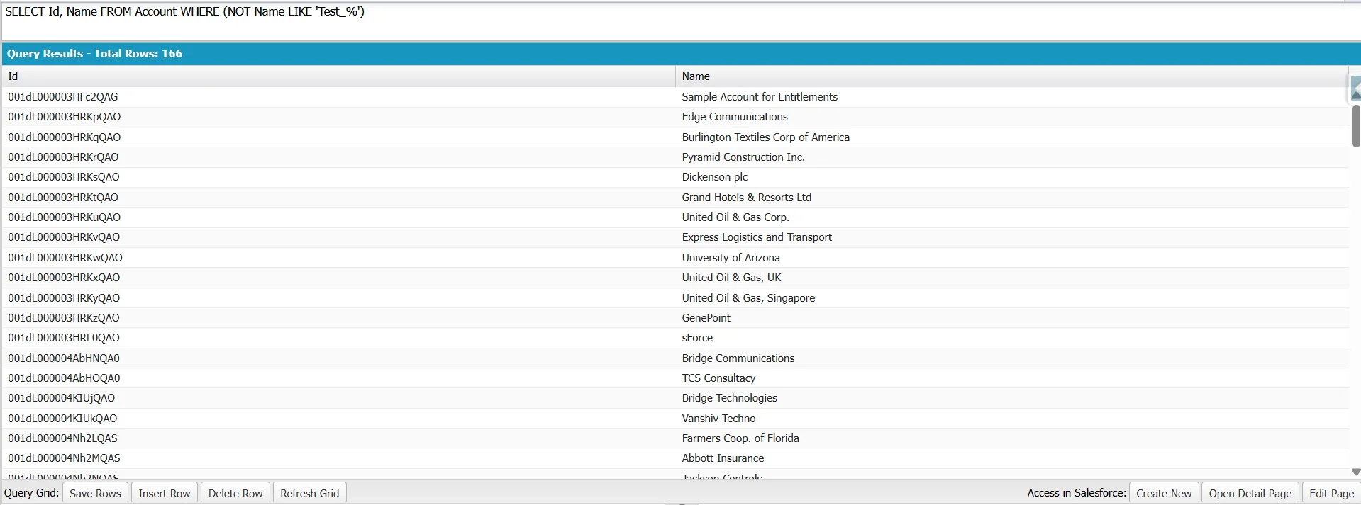 Developer Console showing a SOQL query using (NOT Name LIKE 'Test_%'), with 166 Account records returned in Id and Name columns.