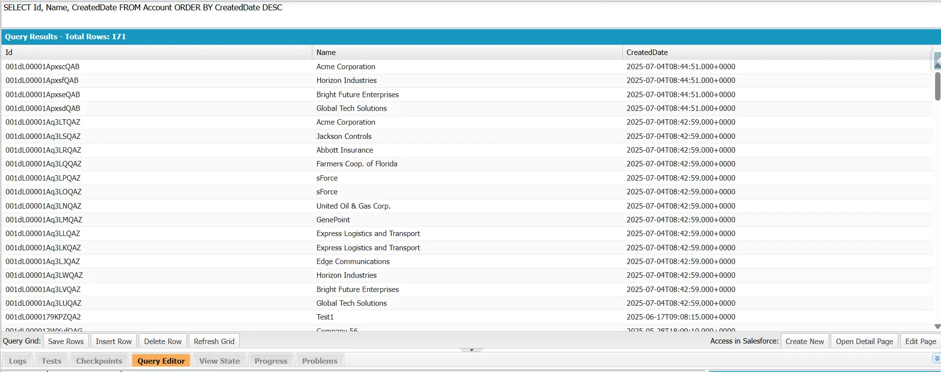 Developer Console showing Account query with ORDER BY CreatedDate DESC, returning 171 records sorted from newest to oldest.