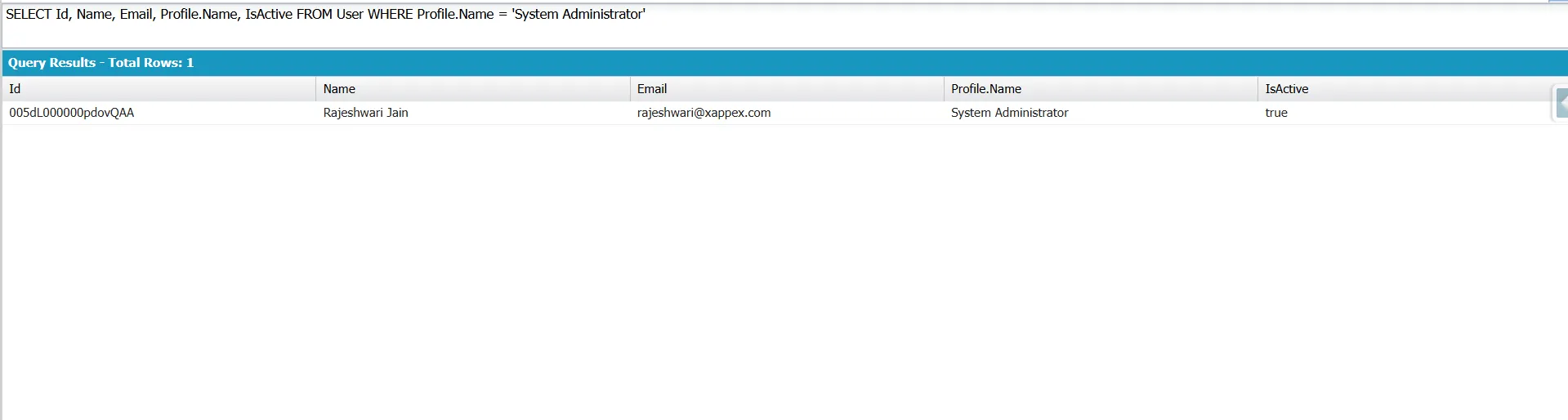 SOQL query results showing active users with the System Administrator profile in Salesforce.