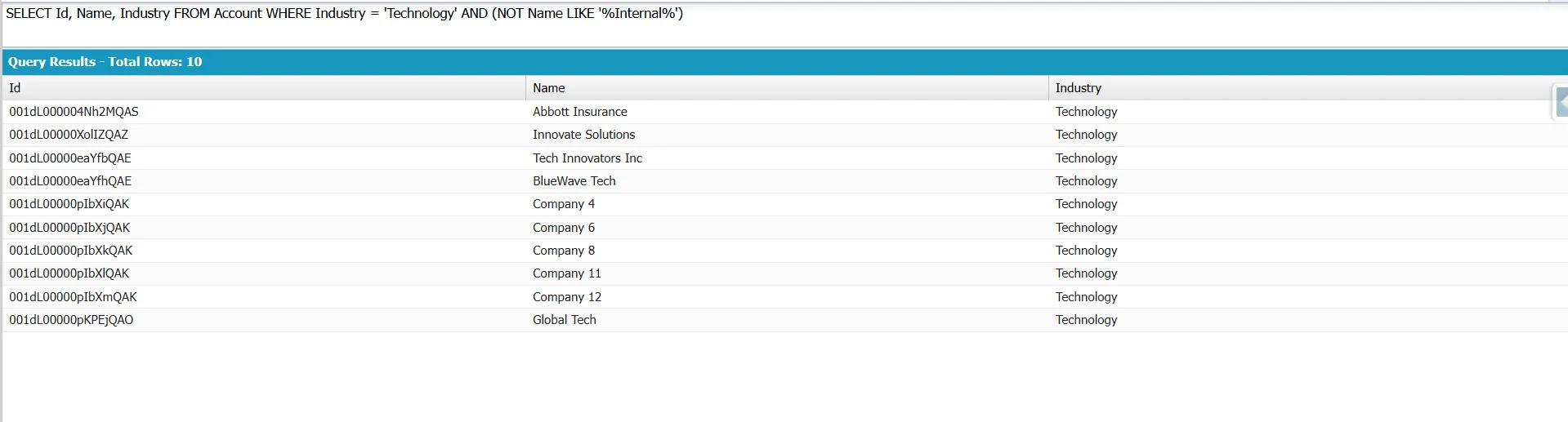 Developer Console showing a SOQL query combining Industry = 'Technology' AND (NOT Name LIKE '%Internal%'), returning 10 Account records.