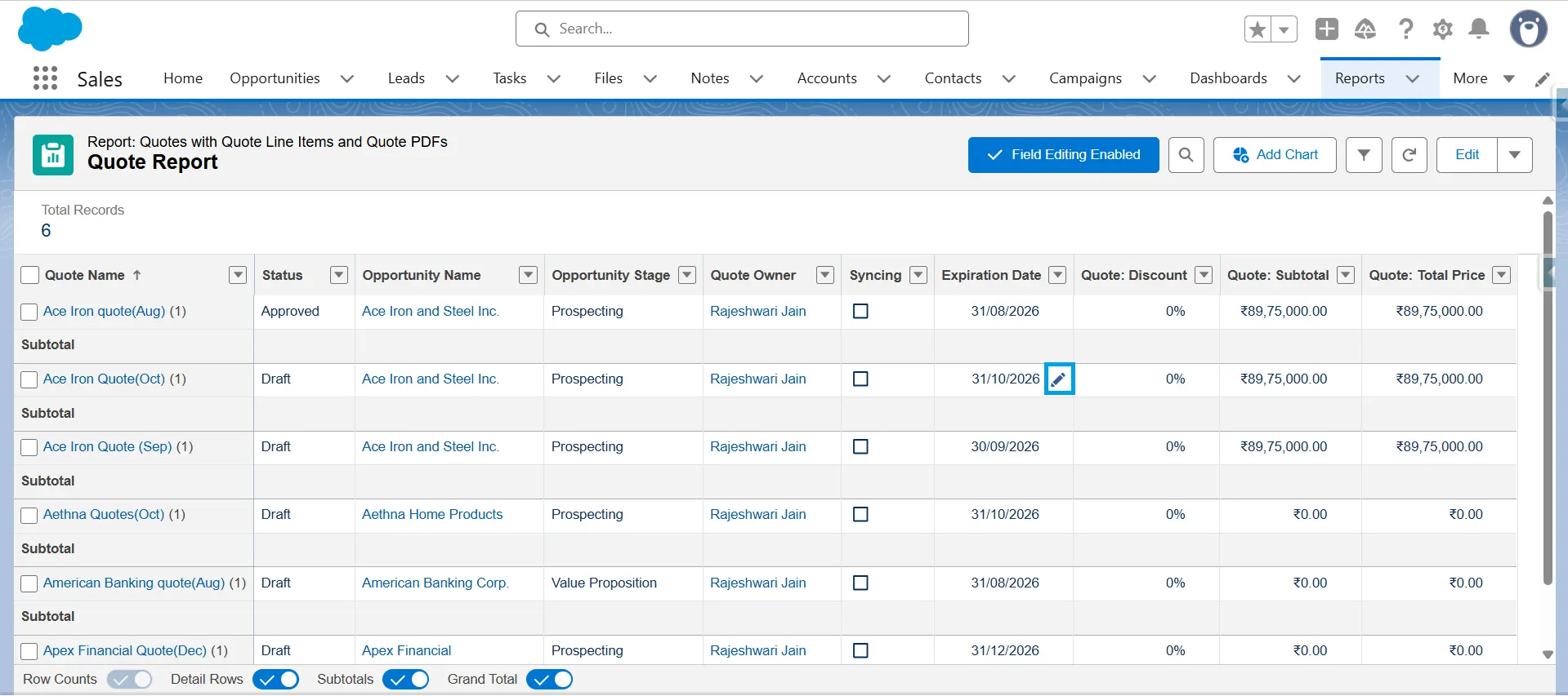 Salesforce quote report with Field Editing Enabled and the pencil icon open to inline edit an Expiration Date cell.