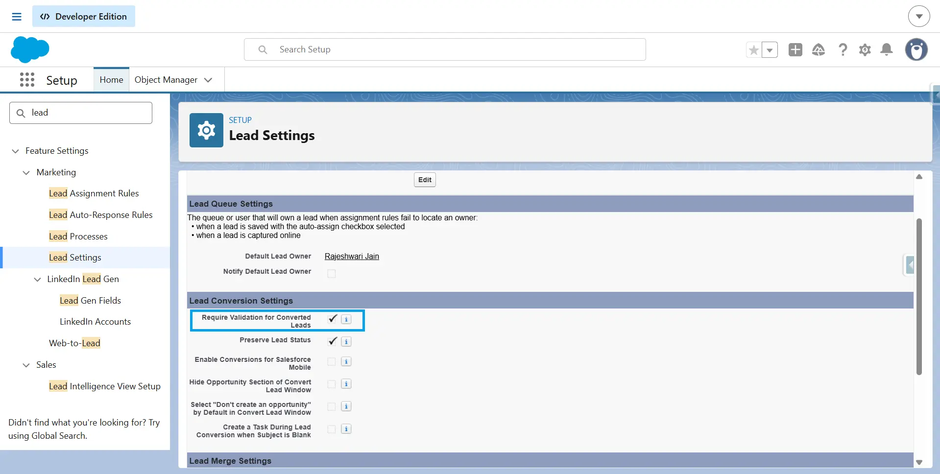 Salesforce Lead Settings page showing Lead Conversion Settings with the Require Validation for Converted Leads option highlighted.