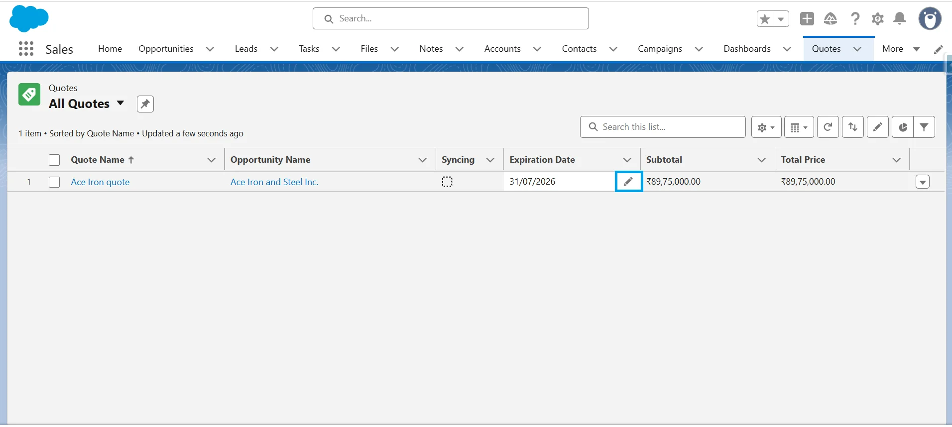 Salesforce Quotes list view with the pencil icon highlighted to inline edit the Expiration Date field.