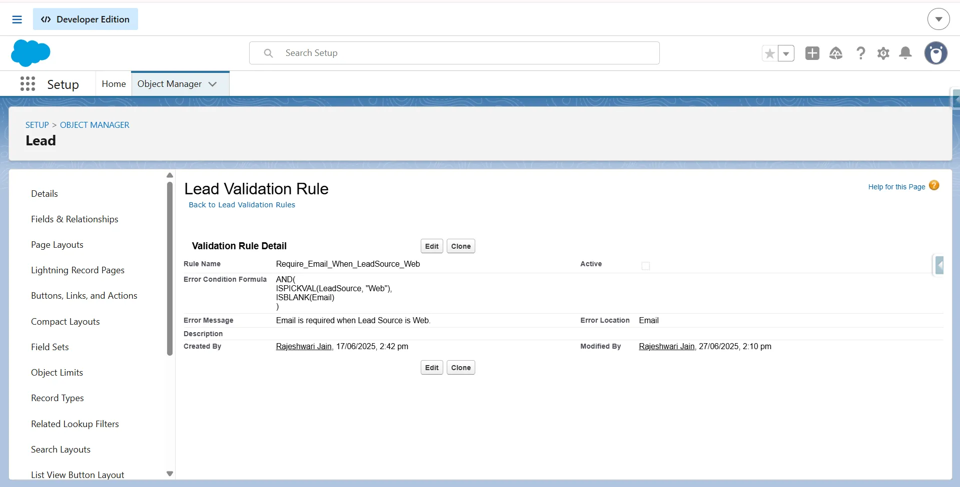 Salesforce Lead validation rule detail requiring an email when Lead Source is Web.