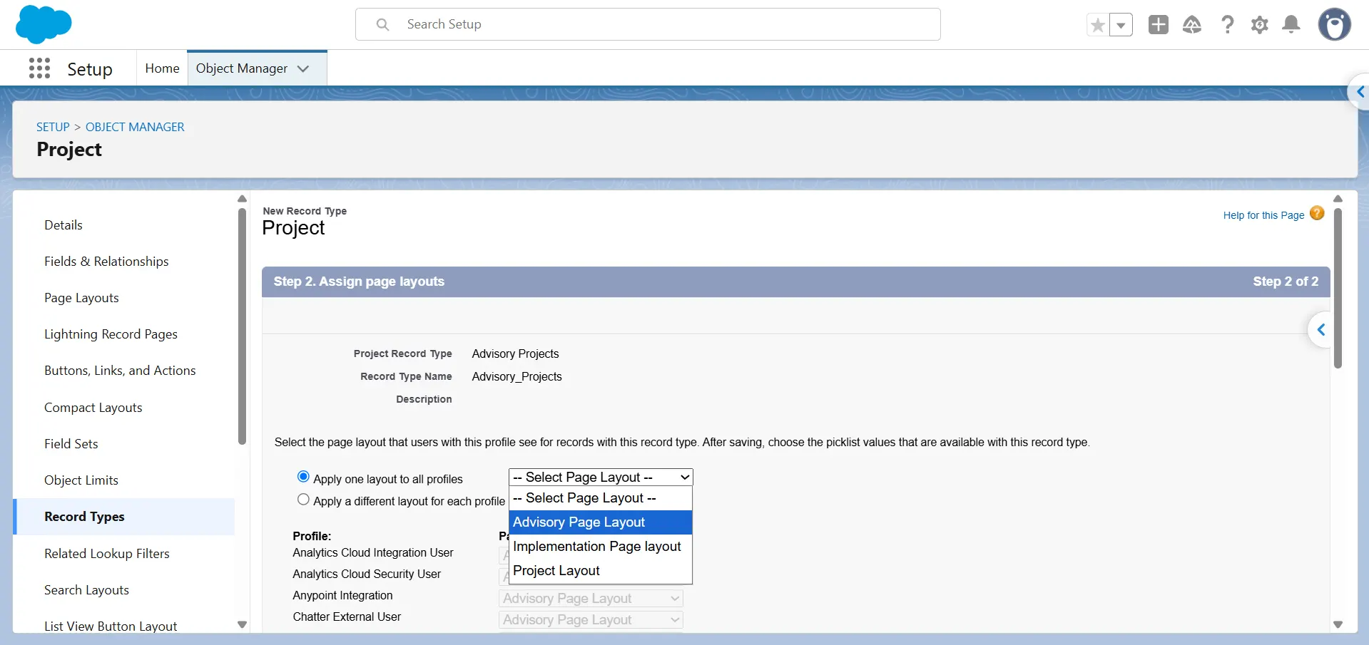 Step 2 of the New Record Type wizard in Salesforce with the page layout dropdown open to select a layout.