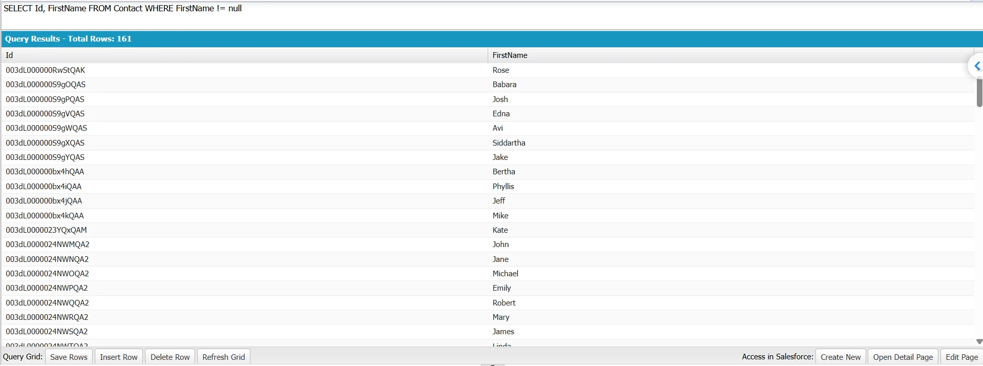 SOQL query results showing Contacts with FirstName not null using != null syntax.