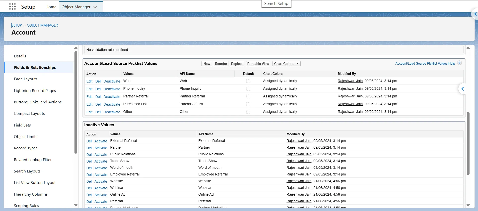 Account Lead Source picklist values list showing active and inactive values.
