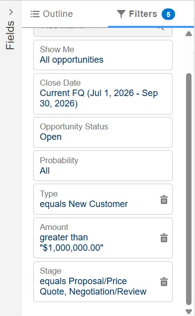 Salesforce report Filters panel with Type, Amount, and Stage field filters for a new-business opportunity report.