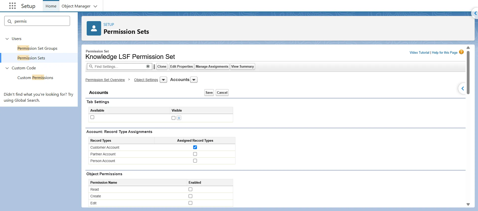 Permission set Object Settings screen with Account record type assignment checkboxes.