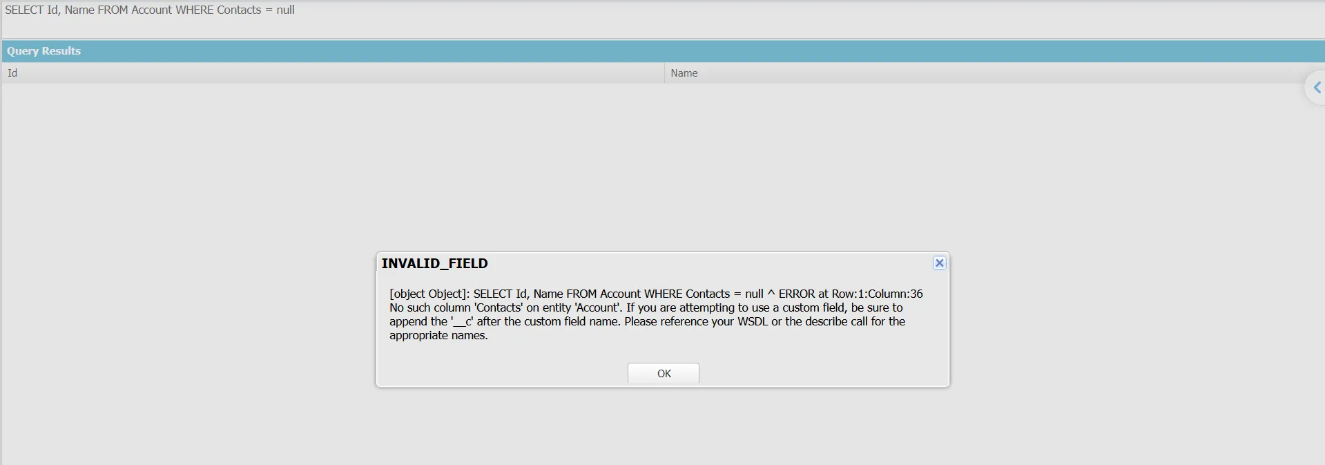 Salesforce error showing why a null filter cannot query the Contacts relationship on Account