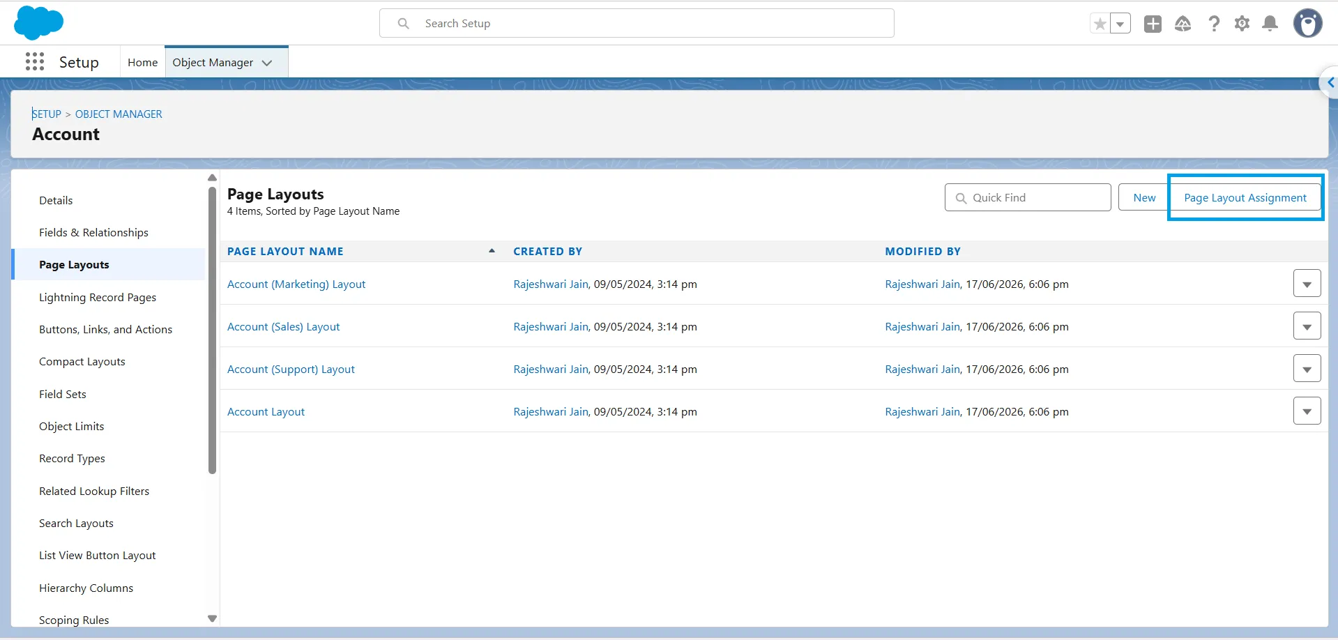 Page Layouts list for Account with the Page Layout Assignment button highlighted.