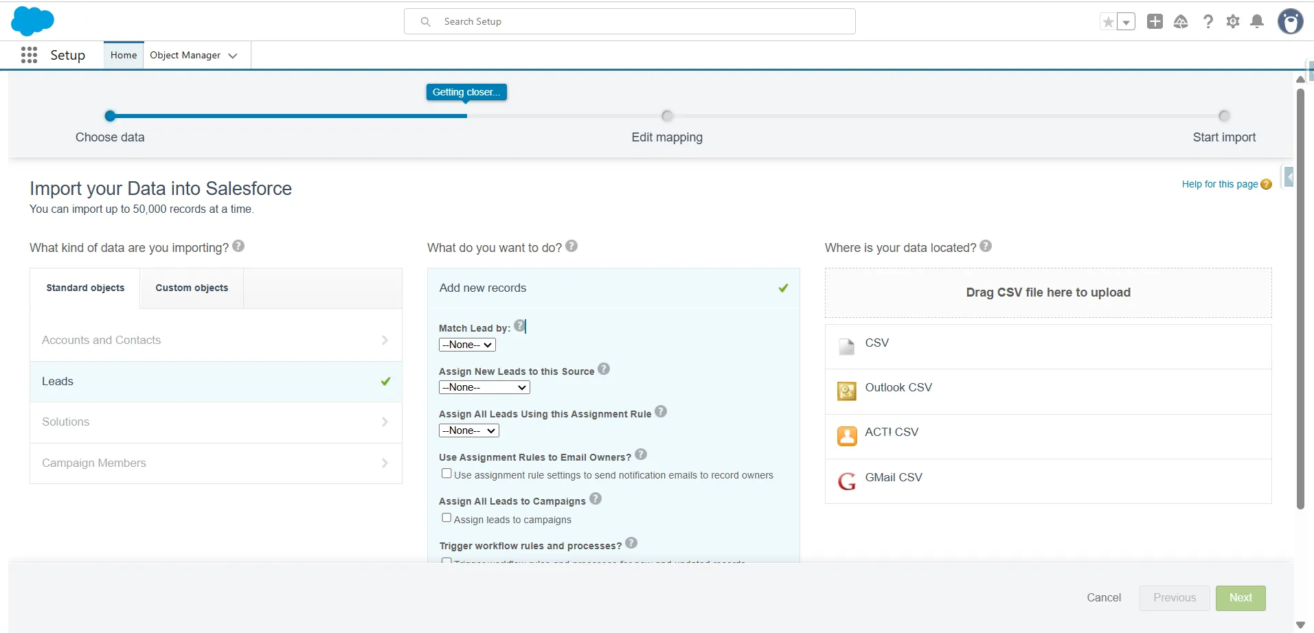 Salesforce Data Import Wizard choose data step with Leads selected and CSV upload options.