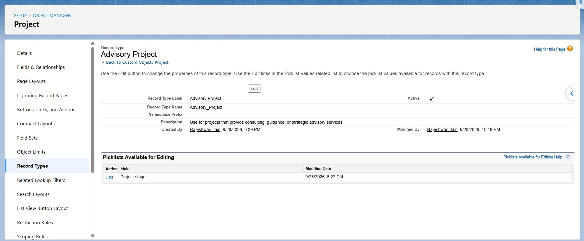 Advisory Project record type detail page in Salesforce with the Picklists Available for Editing section.