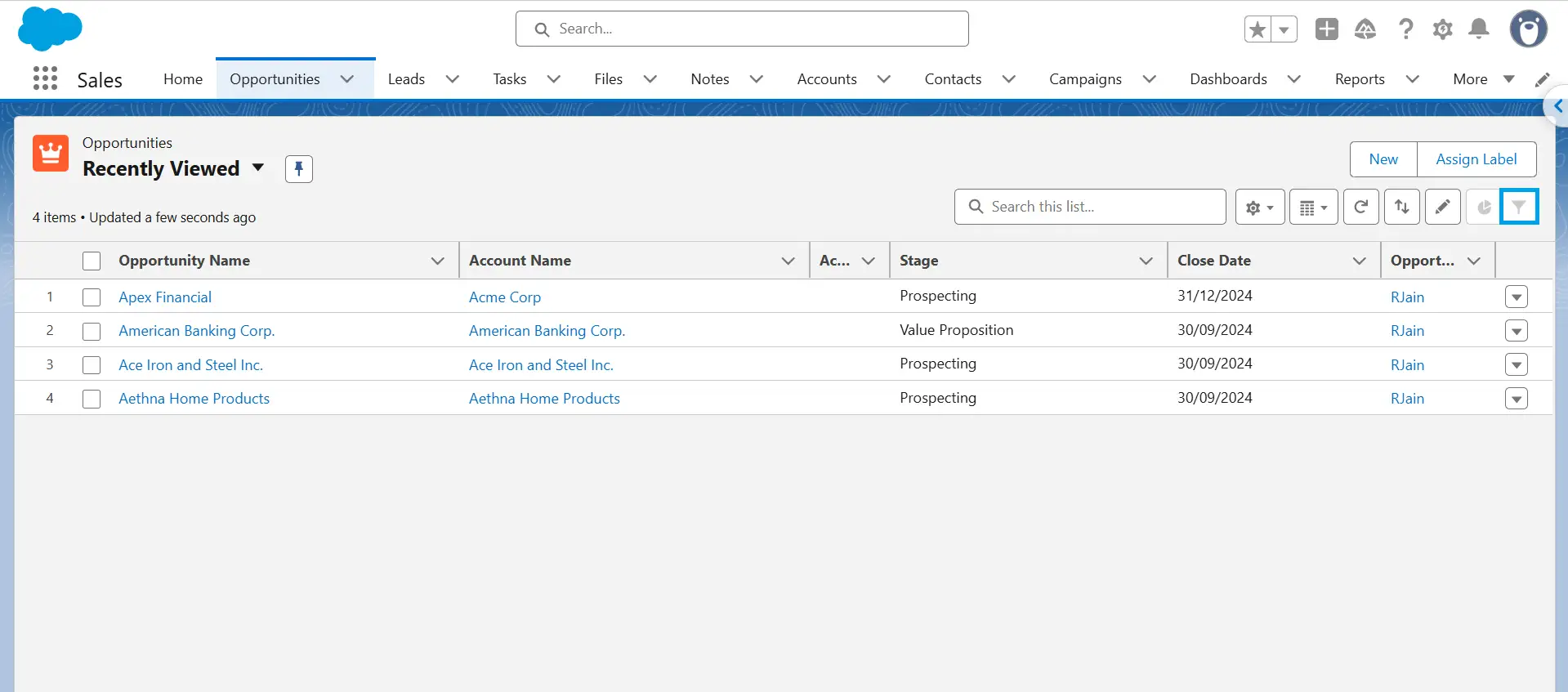 Salesforce Recently Viewed list view showing the Filters icon disabled, so filters can't be added.
