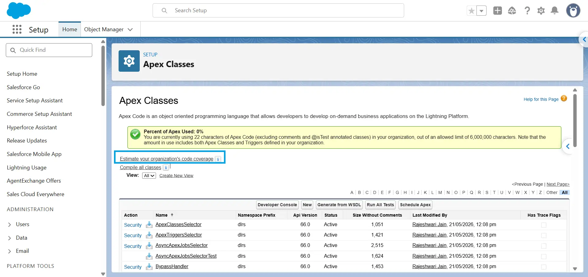 Apex Classes page in Salesforce Setup with the option to estimate code coverage and API version shown per class.