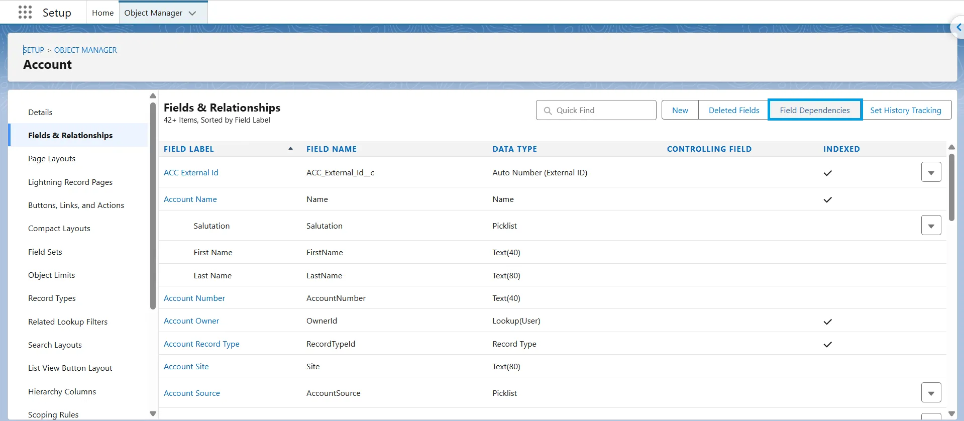 Fields and Relationships page for Account with the Field Dependencies button highlighted.