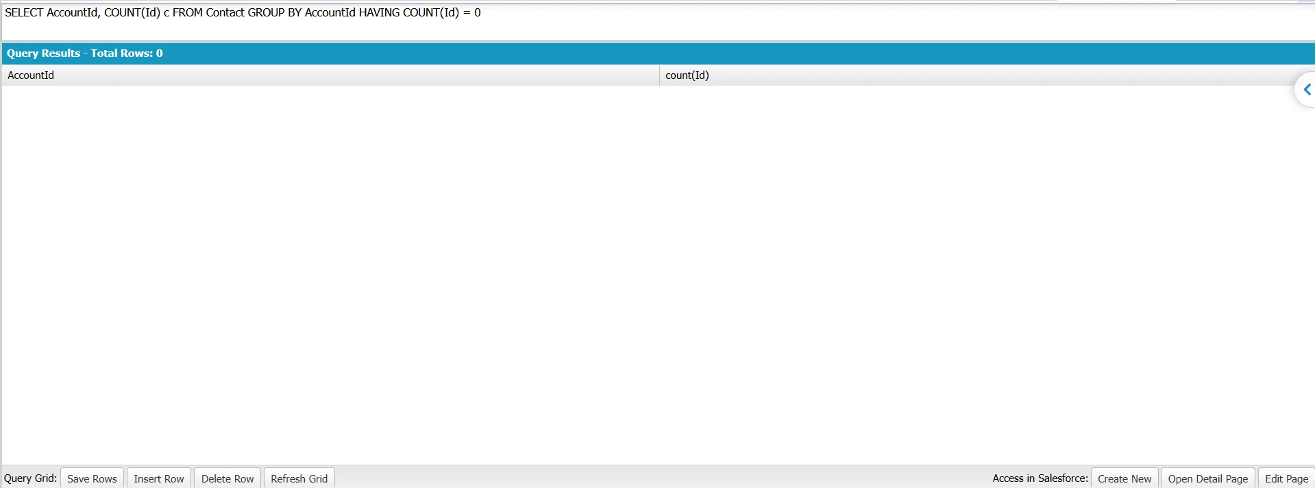 Empty SOQL query results proving GROUP BY cannot return a zero-count HAVING match