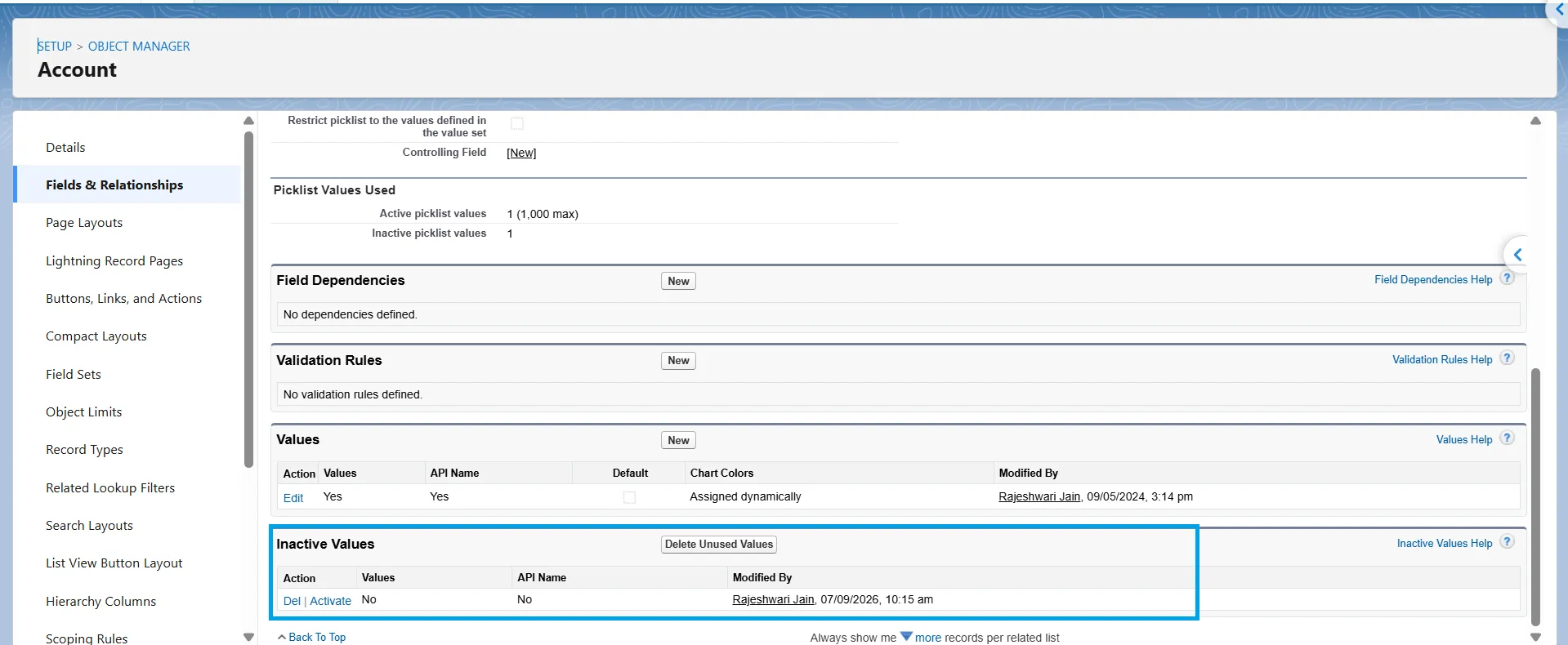 Field detail page showing the restrict picklist checkbox and the Inactive Values section.