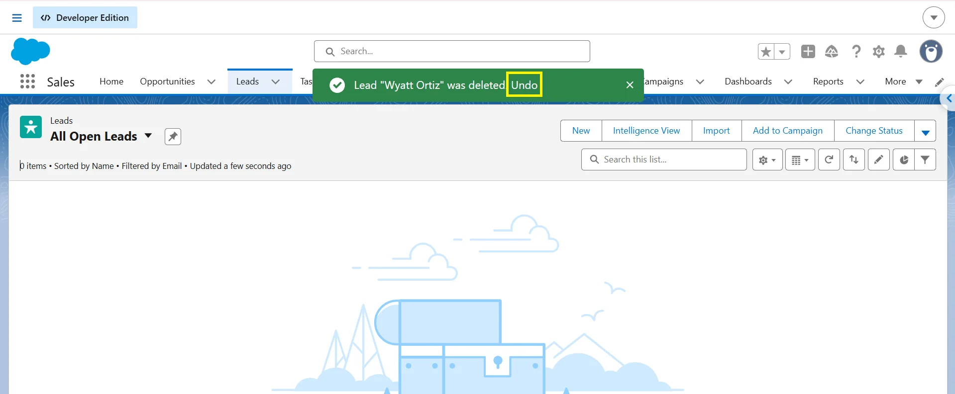 Salesforce Lightning notification confirming a deleted Lead, with an Undo link to restore it.