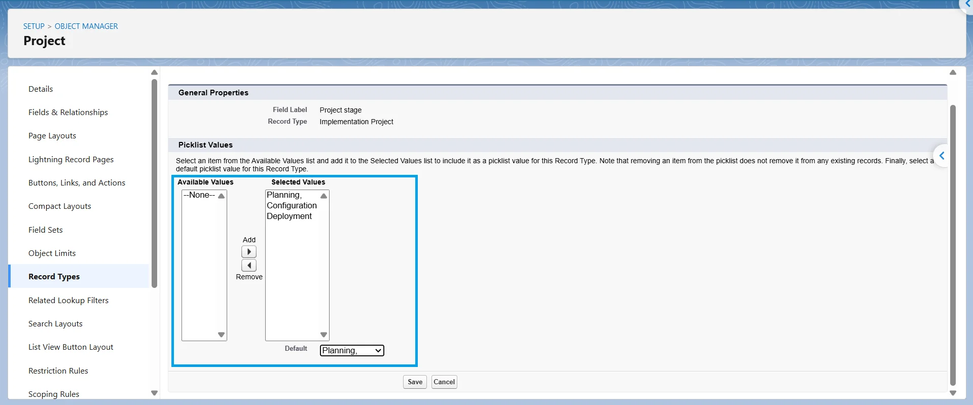 Picklist values editor for a Salesforce record type with Available and Selected Values lists and the default value dropdown.