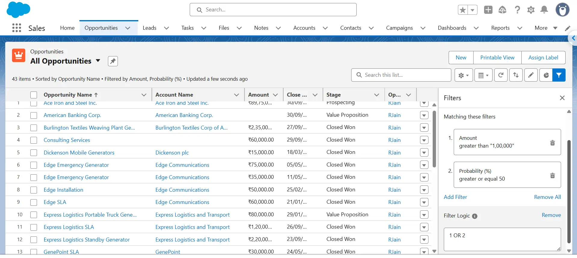 Salesforce report Filters panel with filter logic changed to 1 OR 2, showing 43 matching opportunities.