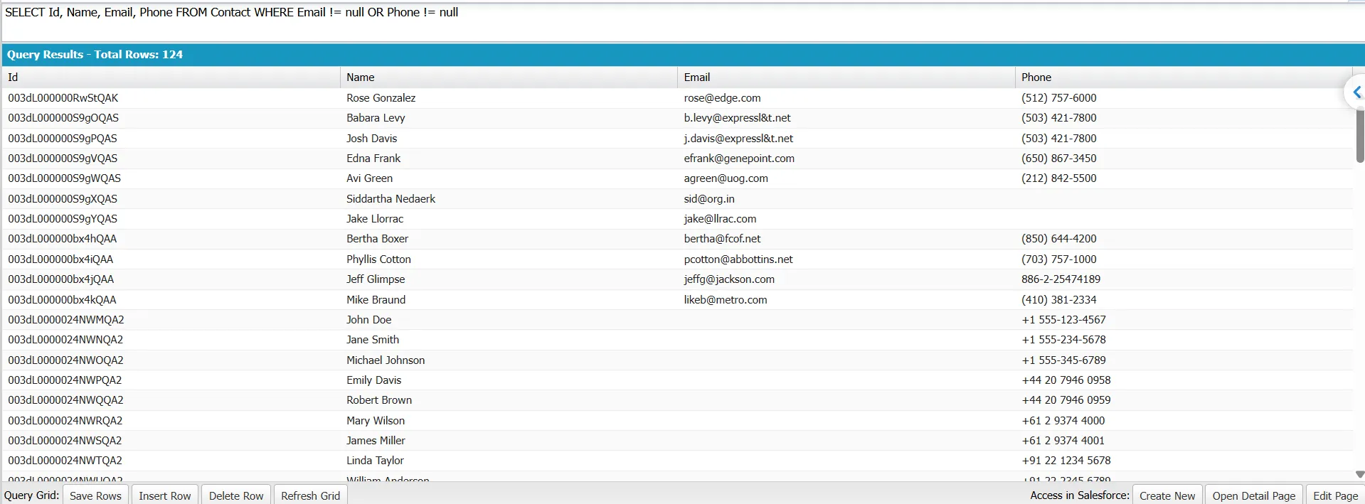 SOQL query results showing Contacts with either Email or Phone populated using OR condition